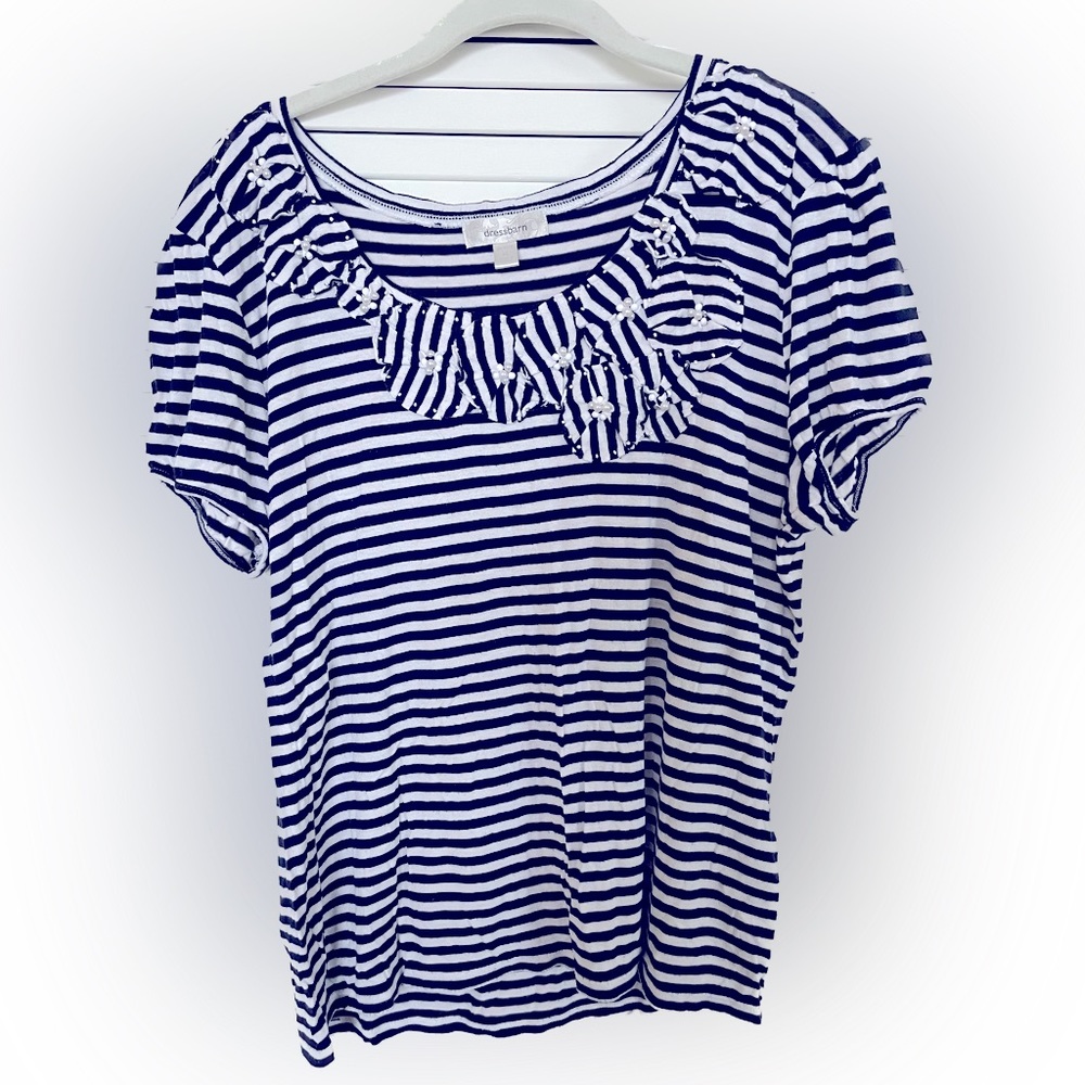 ASAP Dress Barn cotton short sleeves beaded blouse w/stripes in white/navy. PXL